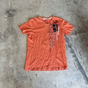 XIOS New York Shirt Adult S Orange V Neck Short Sleeve Button Pocket Mens y2k